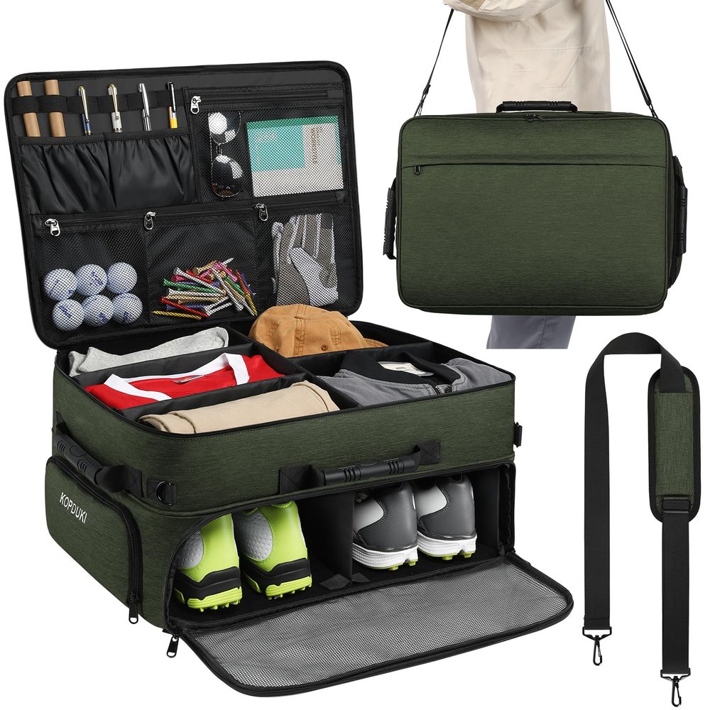Kopduki Golf Trunk Organizer Storage with Separate Compartment for 2 Pair Shoes Up to US Mens 15, Golf Car Locker Organizer for Balls, Tees, Clothes, Gloves, Accessories
