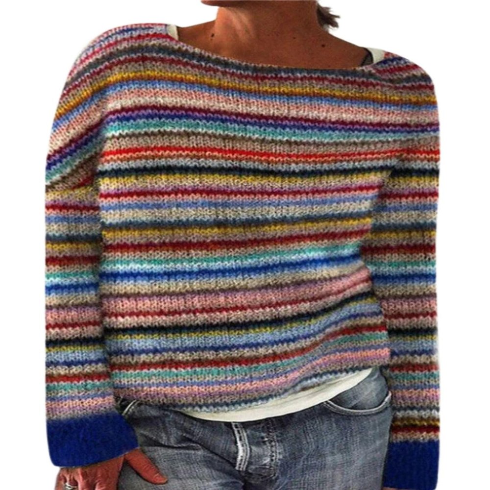 DMOYALA Women's Fair Isle Sweater Striped Rainbow Long Sleeve Boat Neck Lightweight Cropped Pullover Tops 2024 Fall Fashion Vintage Casual Fit Knitted Sweater Tops for Winter Christmas 2XL