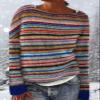 DMOYALA Women's Fair Isle Sweater Striped Rainbow Long Sleeve Boat Neck Lightweight Cropped Pullover Tops 2024 Fall Fashion Vintage Casual Fit Knitted Sweater Tops for Winter Christmas 2XL view 4