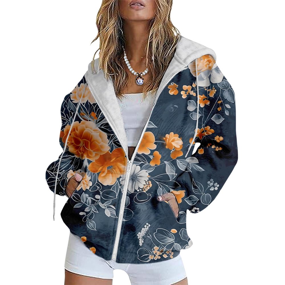 Bengbobar Women's Trendy Floral Printing Hoodie Jacket Zip Up Long Sleeve Sweatshirts Fall Coats for Women 2024 With Pockets,1-Navy Floral,2XL