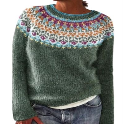 DMOYALA Women's Fair Isle Sweater Floral Green Long Sleeve Boat Neck Lightweight Cropped Pullover Tops 2024 Fall Fashion Vintage Casual Fit Knitted Sweater Tops for Winter Christmas