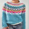 DMOYALA Women's Fair Isle Sweater Ethnic Pink Blue Long Sleeve Boat Neck Lightweight Cropped Pullover Tops 2024 Fall Fashion Vintage Casual Fit Knitted Sweater Tops for Winter Christmas view 2