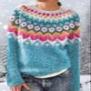 DMOYALA Women's Fair Isle Sweater Ethnic Pink Blue Long Sleeve Boat Neck Lightweight Cropped Pullover Tops 2024 Fall Fashion Vintage Casual Fit Knitted Sweater Tops for Winter Christmas view 4