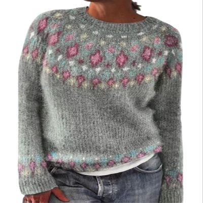 DMOYALA Women's Fair Isle Sweater Floral Grey Pink Long Sleeve Boat Neck Lightweight Cropped Pullover Tops 2024 Fall Fashion Vintage Casual Fit Knitted Sweater Tops for Winter Christmas