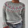 DMOYALA Women's Fair Isle Sweater Floral Grey Pink Long Sleeve Boat Neck Lightweight Cropped Pullover Tops 2024 Fall Fashion Vintage Casual Fit Knitted Sweater Tops for Winter Christmas view 2