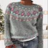 DMOYALA Women's Fair Isle Sweater Floral Grey Pink Long Sleeve Boat Neck Lightweight Cropped Pullover Tops 2024 Fall Fashion Vintage Casual Fit Knitted Sweater Tops for Winter Christmas view 3