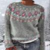 DMOYALA Women's Fair Isle Sweater Floral Grey Pink Long Sleeve Boat Neck Lightweight Cropped Pullover Tops 2024 Fall Fashion Vintage Casual Fit Knitted Sweater Tops for Winter Christmas view 4