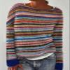 DMOYALA Women's Fair Isle Sweater Striped Rainbow Long Sleeve Boat Neck Lightweight Cropped Pullover Tops 2024 Fall Fashion Vintage Casual Fit Knitted Sweater Tops for Winter Christmas L view 2