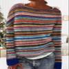 DMOYALA Women's Fair Isle Sweater Striped Rainbow Long Sleeve Boat Neck Lightweight Cropped Pullover Tops 2024 Fall Fashion Vintage Casual Fit Knitted Sweater Tops for Winter Christmas L view 3