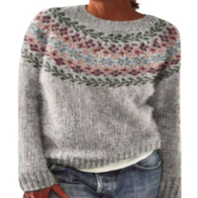 DMOYALA Women's Fair Isle Sweater Geo Grey Long Sleeve Boat Neck Lightweight Cropped Pullover Tops 2024 Fall Fashion Vintage Casual Fit Knitted Sweater Tops for Winter Christmas
