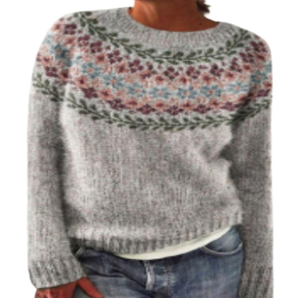 DMOYALA Women's Fair Isle Sweater Geo Grey Long Sleeve Boat Neck Lightweight Cropped Pullover Tops 2024 Fall Fashion Vintage Casual Fit Knitted Sweater Tops for Winter Christmas