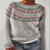 DMOYALA Women's Fair Isle Sweater Geo Grey Long Sleeve Boat Neck Lightweight Cropped Pullover Tops 2024 Fall Fashion Vintage Casual Fit Knitted Sweater Tops for Winter Christmas view 2
