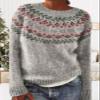DMOYALA Women's Fair Isle Sweater Geo Grey Long Sleeve Boat Neck Lightweight Cropped Pullover Tops 2024 Fall Fashion Vintage Casual Fit Knitted Sweater Tops for Winter Christmas view 3