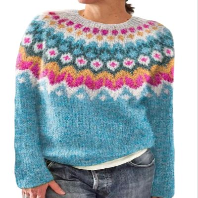 DMOYALA Women's Fair Isle Sweater Ethnic Pink Blue Long Sleeve Boat Neck Lightweight Cropped Pullover Tops 2024 Fall Fashion Vintage Casual Fit Knitted Sweater Tops for Winter Christmas