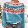 DMOYALA Women's Fair Isle Sweater Ethnic Pink Blue Long Sleeve Boat Neck Lightweight Cropped Pullover Tops 2024 Fall Fashion Vintage Casual Fit Knitted Sweater Tops for Winter Christmas view 3