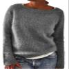 DMOYALA Women's Fair Isle Sweater Solid Grey Long Sleeve Boat Neck Lightweight Cropped Pullover Tops 2024 Fall Fashion Vintage Casual Fit Knitted Sweater Tops for Winter Christmas view 1