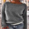 DMOYALA Women's Fair Isle Sweater Solid Grey Long Sleeve Boat Neck Lightweight Cropped Pullover Tops 2024 Fall Fashion Vintage Casual Fit Knitted Sweater Tops for Winter Christmas view 2