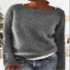 DMOYALA Women's Fair Isle Sweater Solid Grey Long Sleeve Boat Neck Lightweight Cropped Pullover Tops 2024 Fall Fashion Vintage Casual Fit Knitted Sweater Tops for Winter Christmas view 3