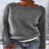 DMOYALA Women's Fair Isle Sweater Solid Grey Long Sleeve Boat Neck Lightweight Cropped Pullover Tops 2024 Fall Fashion Vintage Casual Fit Knitted Sweater Tops for Winter Christmas view 4