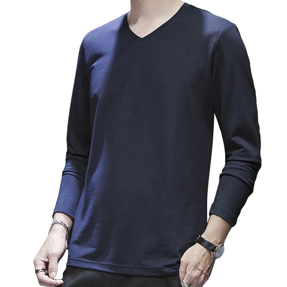 Men's Fashion Long Sleeve Shirts Soft Stretch V Neck Basic Cotton Tees Crew Neck Classic Casual Pullover T-Shirt (Medium,Dark Blue 1)
