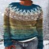 DMOYALA Women's Fair Isle Sweater Ethnic Blue Yellow Long Sleeve Boat Neck Lightweight Cropped Pullover Tops 2024 Fall Fashion Vintage Casual Fit Knitted Sweater Tops for Winter Christmas view 4