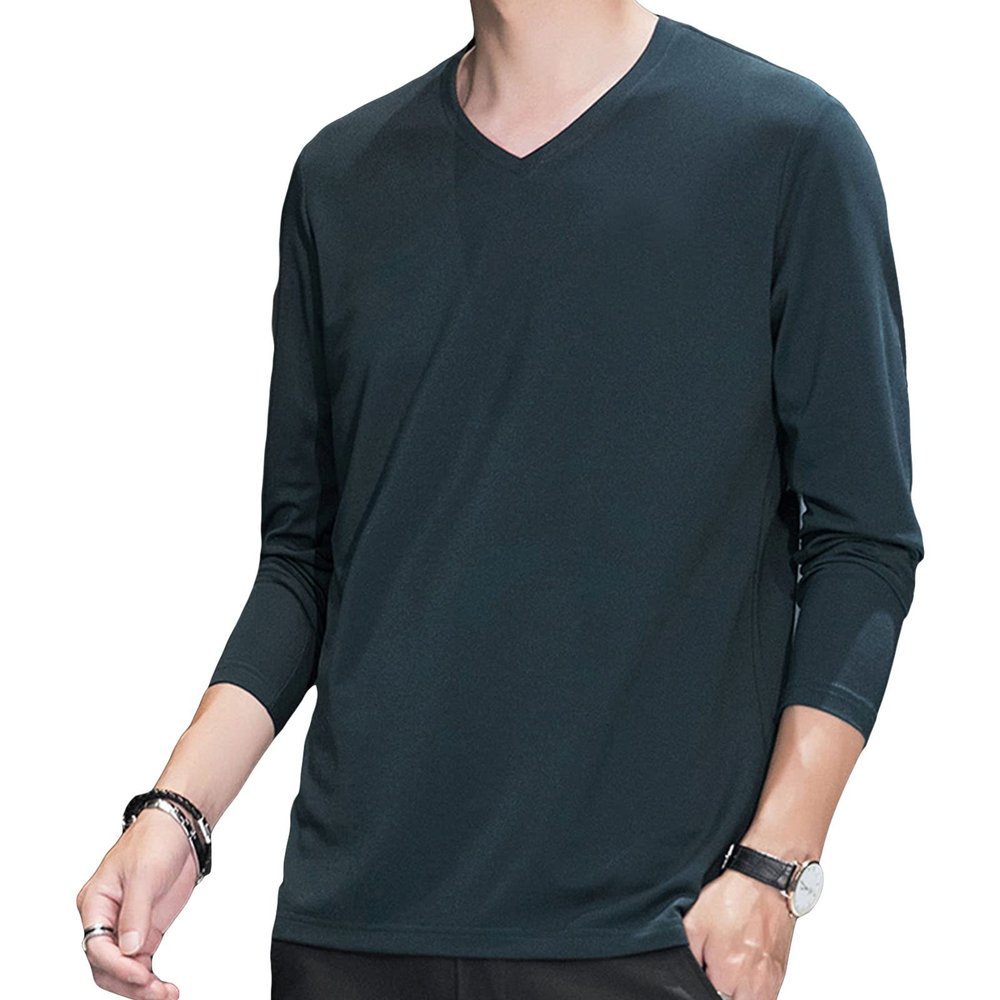 Men's Fashion Long Sleeve Shirts Soft Stretch V Neck Basic Cotton Tees Crew Neck Classic Casual Pullover T-Shirt (Medium,Green 1)