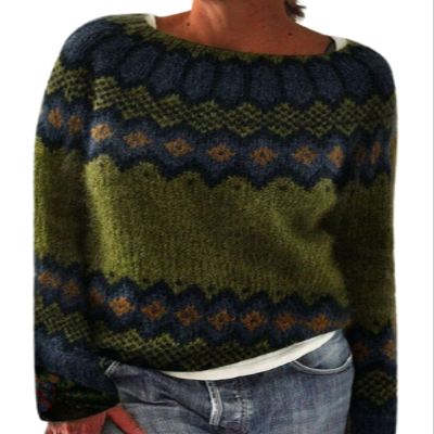 DMOYALA Women's Fair Isle Sweater Geo Green Long Sleeve Boat Neck Lightweight Cropped Pullover Tops 2024 Fall Fashion Vintage Casual Fit Knitted Sweater Tops for Winter Christmas