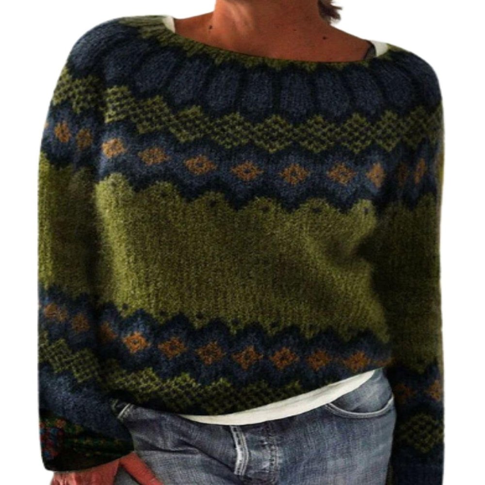 DMOYALA Women's Fair Isle Sweater Geo Green Long Sleeve Boat Neck Lightweight Cropped Pullover Tops 2024 Fall Fashion Vintage Casual Fit Knitted Sweater Tops for Winter Christmas