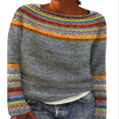 DMOYALA Women's Fair Isle Sweater Geo Grey Orange Long Sleeve Boat Neck Lightweight Cropped Pullover Tops 2024 Fall Fashion Vintage Casual Fit Knitted Sweater Tops for Winter Christmas