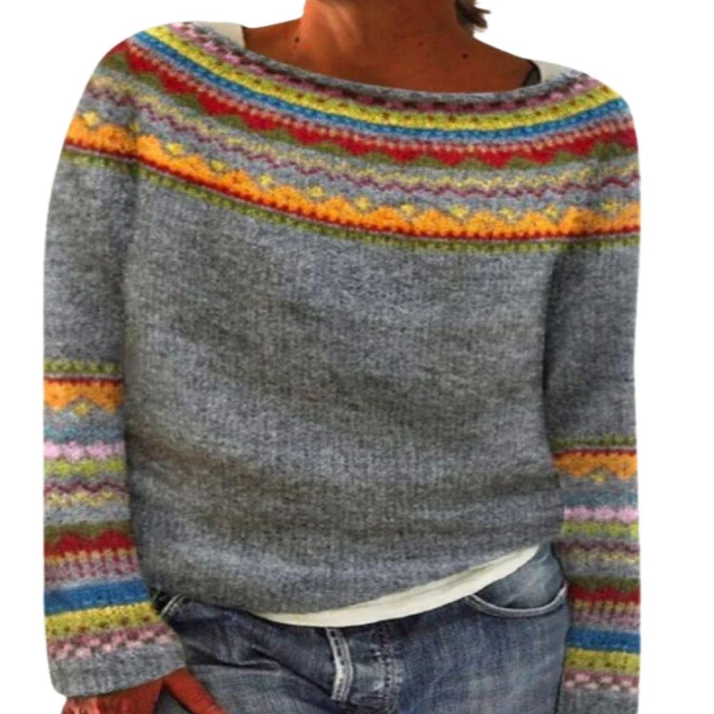 DMOYALA Women's Fair Isle Sweater Geo Grey Orange Long Sleeve Boat Neck Lightweight Cropped Pullover Tops 2024 Fall Fashion Vintage Casual Fit Knitted Sweater Tops for Winter Christmas