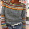 DMOYALA Women's Fair Isle Sweater Geo Grey Orange Long Sleeve Boat Neck Lightweight Cropped Pullover Tops 2024 Fall Fashion Vintage Casual Fit Knitted Sweater Tops for Winter Christmas view 2