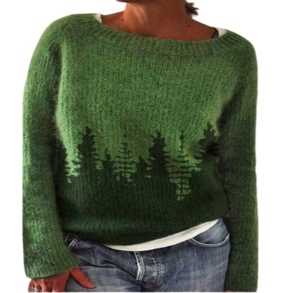 DMOYALA Women's Fair Isle Sweater Tree Green Long Sleeve Boat Neck Lightweight Cropped Pullover Tops 2024 Fall Fashion Vintage Casual Fit Knitted Sweater Tops for Winter Christmas