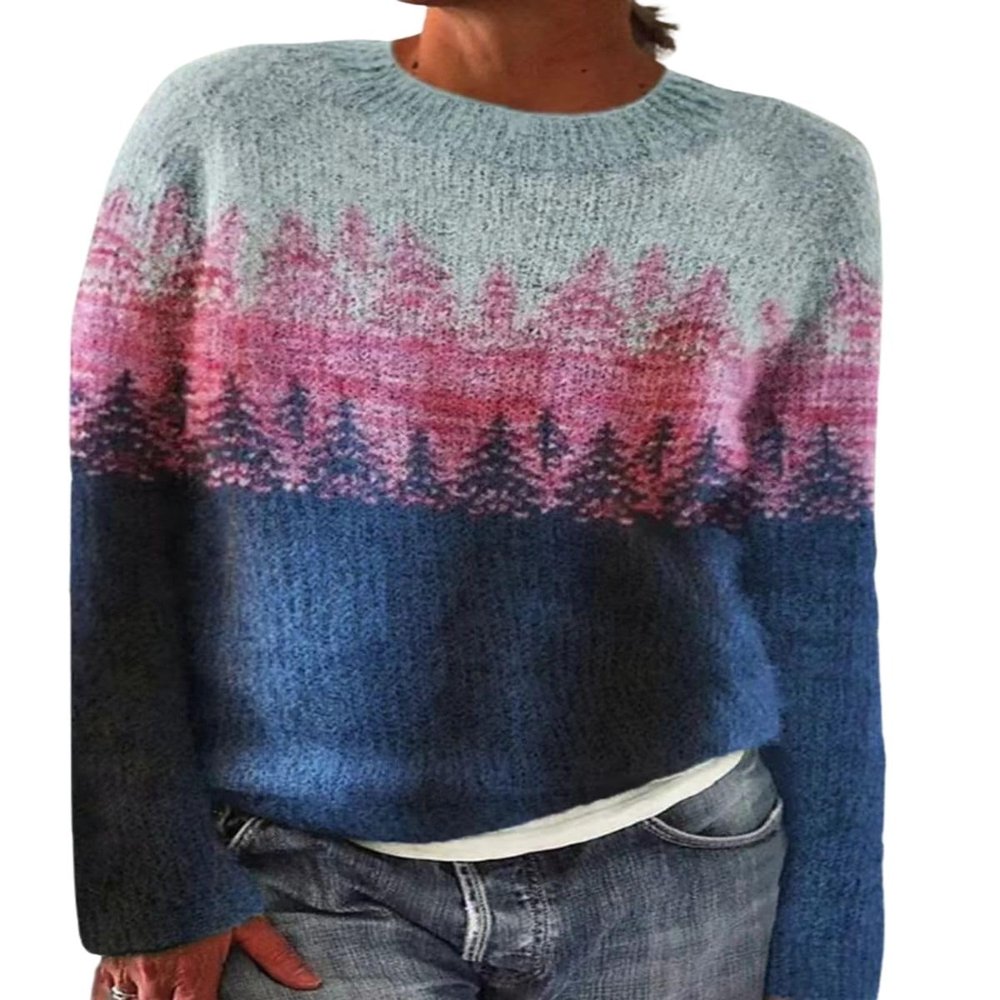 DMOYALA Women's Fair Isle Sweater Tree Purple Long Sleeve Boat Neck Lightweight Cropped Pullover Tops 2024 Fall Fashion Vintage Casual Fit Knitted Sweater Tops for Winter Christmas