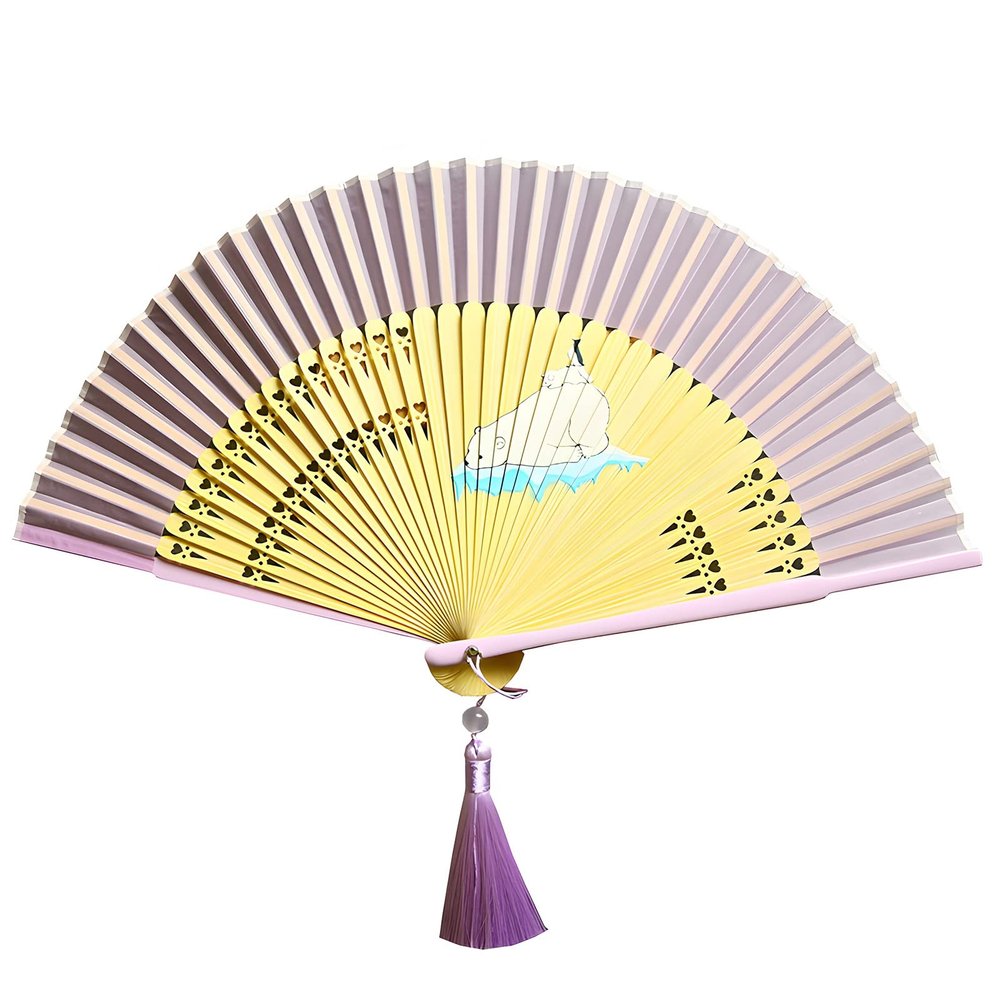 Large Folding Hand Fan with Polar Bear Print, Openwork Bamboo Ribs Personal Hand Held Fans for Wedding Home Decor