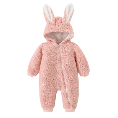 Newborn Baby Boy Girl Fleece Hooded Jumpsuit Snowsuit Cute Rabbit Ear Romper Winter Coat Bunny Warm (Pink, 6-12 Months)