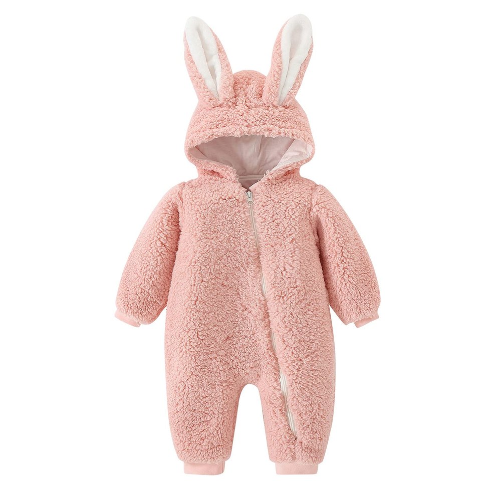 Newborn Baby Boy Girl Fleece Hooded Jumpsuit Snowsuit Cute Rabbit Ear Romper Winter Coat Bunny Warm (Pink, 6-12 Months)