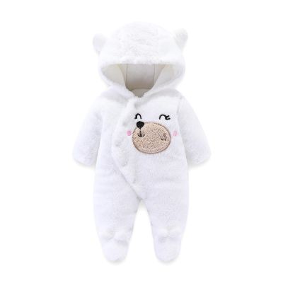 Newborn Baby Bear Fleece Snowsuit Winter Coat Footed Jumpsuit Hooded Romper for Boy Girl Warm Fuzzy (White, 3-6 Months)