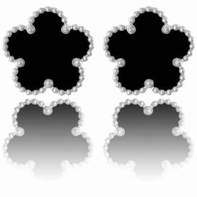 14K Gold Plated Four Leaf Clover Stud Earrings for Women Lucky Flower Jewelry (Black-White Gold Plated)