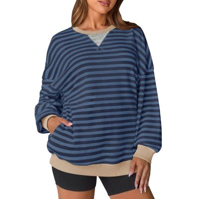 Oversized Tshirts for Women Long Sleeve Striped Casual Colorblock Fall Tops Cute Loose Fit Elegant Lightweight Pocket Dressy Blouses Crewneck Sweatshirt Womens Fall Tops 2025, Royal Blue, Medium