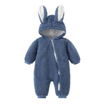 Newborn Baby Boy Girl Fleece Hooded Jumpsuit Snowsuit Cute Rabbit Ear Romper Winter Coat Bunny Warm (Blue, 6-12 Months)
