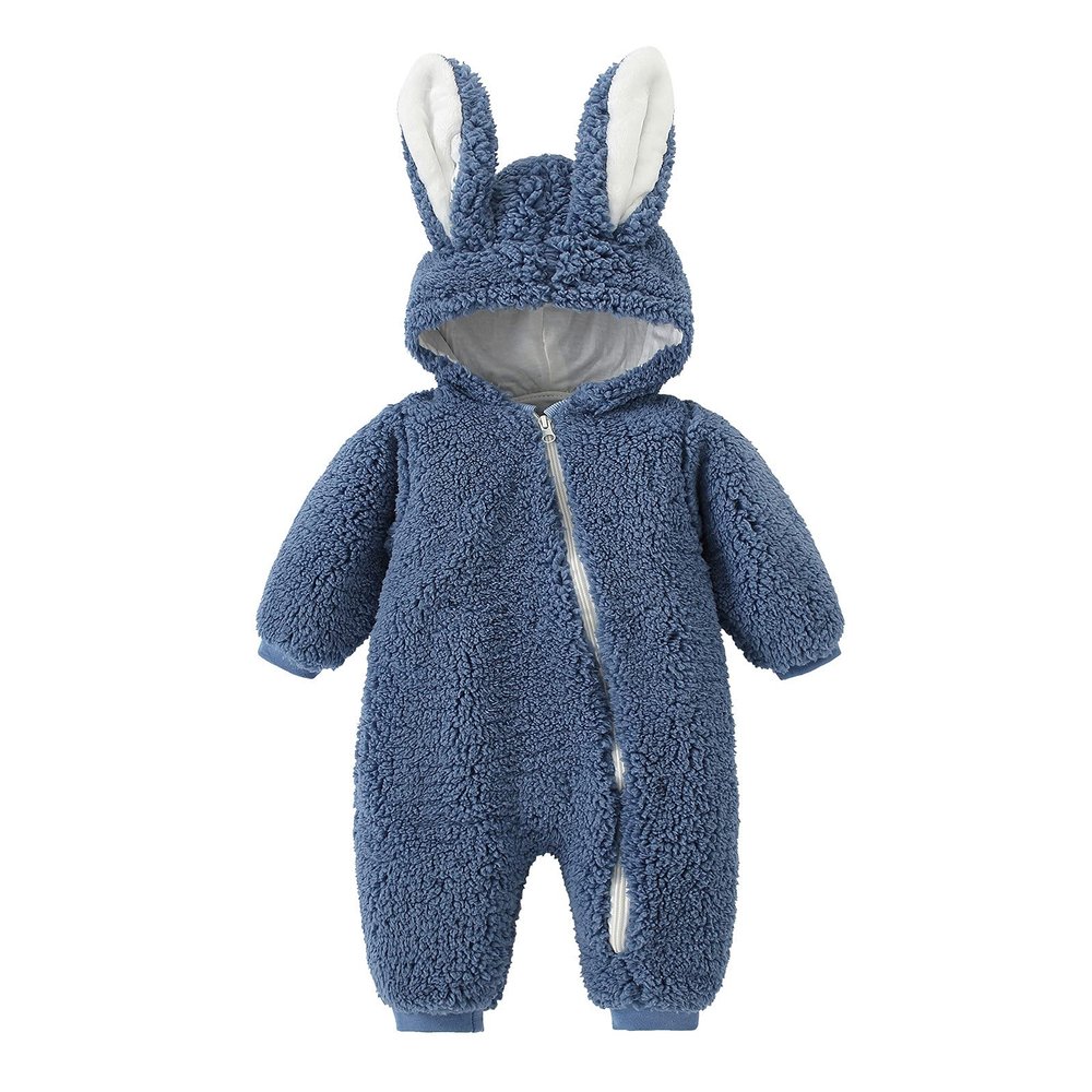 Newborn Baby Boy Girl Fleece Hooded Jumpsuit Snowsuit Cute Rabbit Ear Romper Winter Coat Bunny Warm (Blue, 6-12 Months)