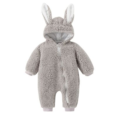 Newborn Baby Boy Girl Fleece Hooded Jumpsuit Snowsuit Cute Rabbit Ear Romper Winter Coat Bunny Warm (Grey, 6-12 Months)