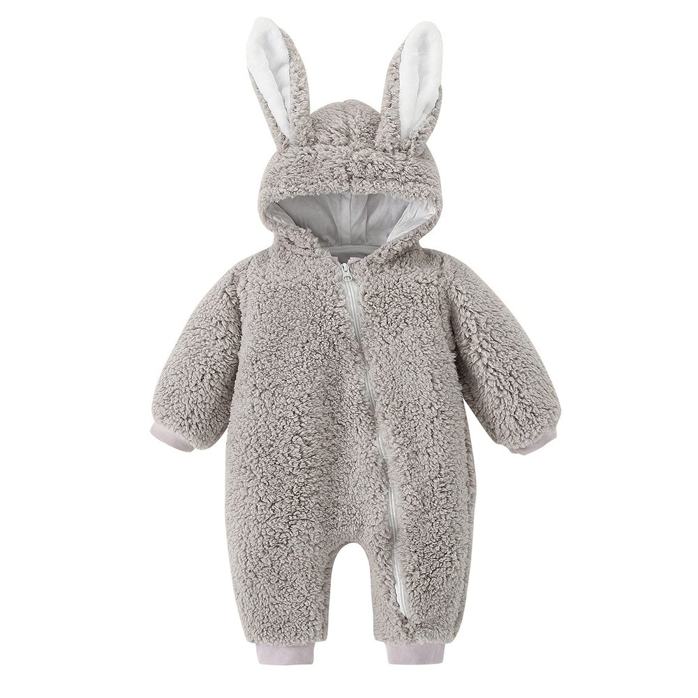 Newborn Baby Boy Girl Fleece Hooded Jumpsuit Snowsuit Cute Rabbit Ear Romper Winter Coat Bunny Warm (Grey, 6-12 Months)