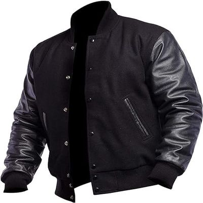 Men's Varsity Jacket, Wool Blend Body with Real Leather Sleeves, Letterman Style (US, Alpha, Small, Regular, Regular, Black)