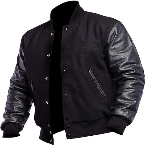 Men's Varsity Jacket, Wool Blend Body with Real Leather Sleeves, Letterman Style (US, Alpha, Small, Regular, Regular, Black)