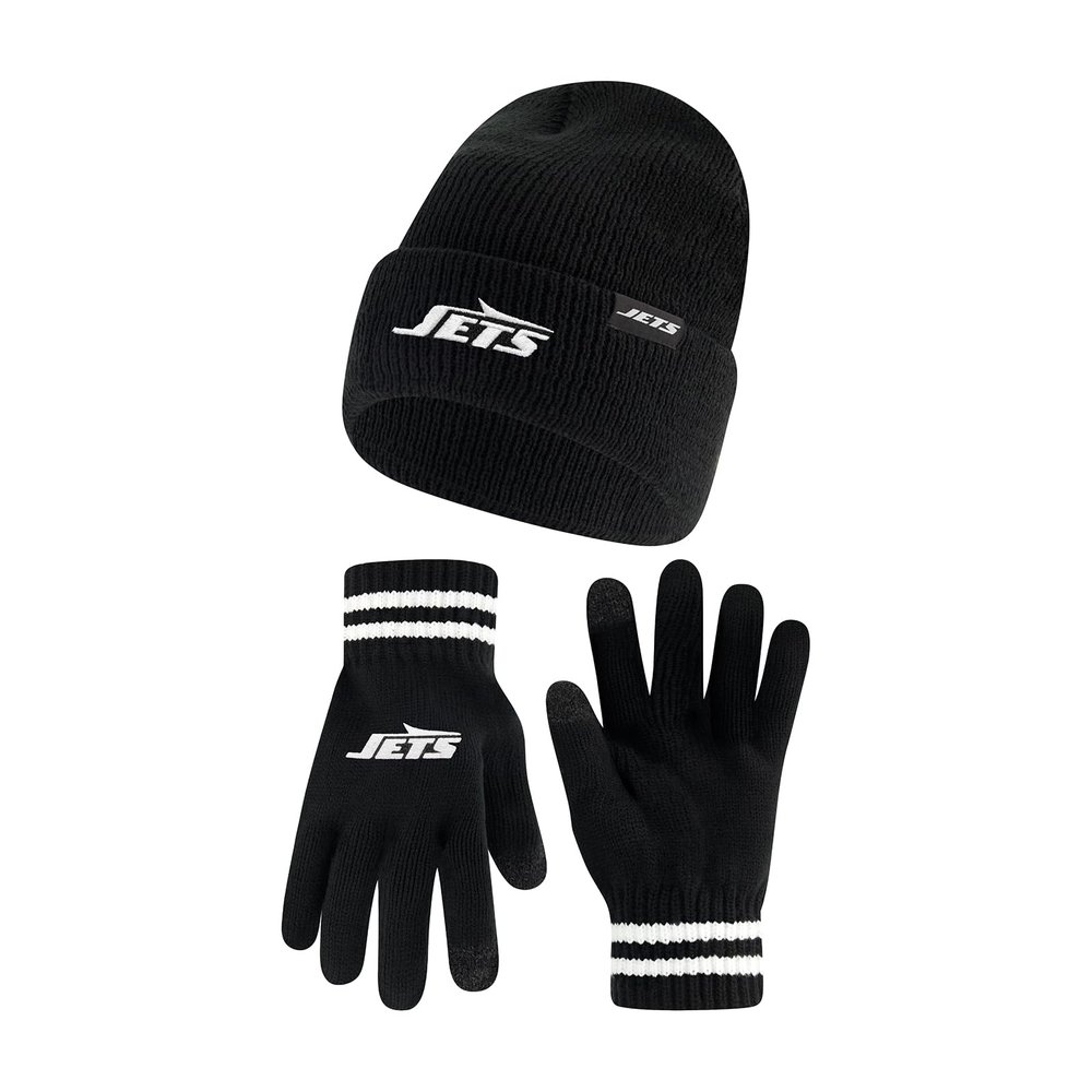 Ultra Game NFL Official Adults Super Soft Marled Winter Beanie Knit Hat with Extra Warm Touch Screen Gloves, New York Jets, Black, 1SIZE