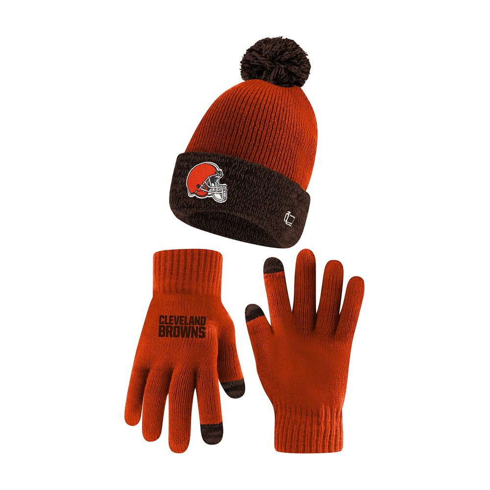 Ultra Game NFL Official Youth Super Soft Two Tone Winter Beanie Knit Hat with Extra Warm Touch Screen Gloves, Cleveland Browns, Team Color, 1SIZE