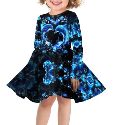 Viewamoon Dolphon Blue Dresses Casual Little Girls Dress Long Sleeve Fall Midi Length Skirt Fashion Swing Dress for Party