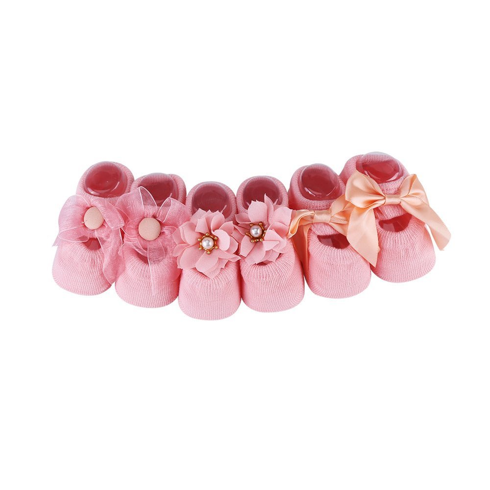Cotton Anti Slip Baby Socks with Grips, 3 Pairs Set Lace Flower Bow Design Daily Wear for Standing Walking (M(1-3 Years Old))