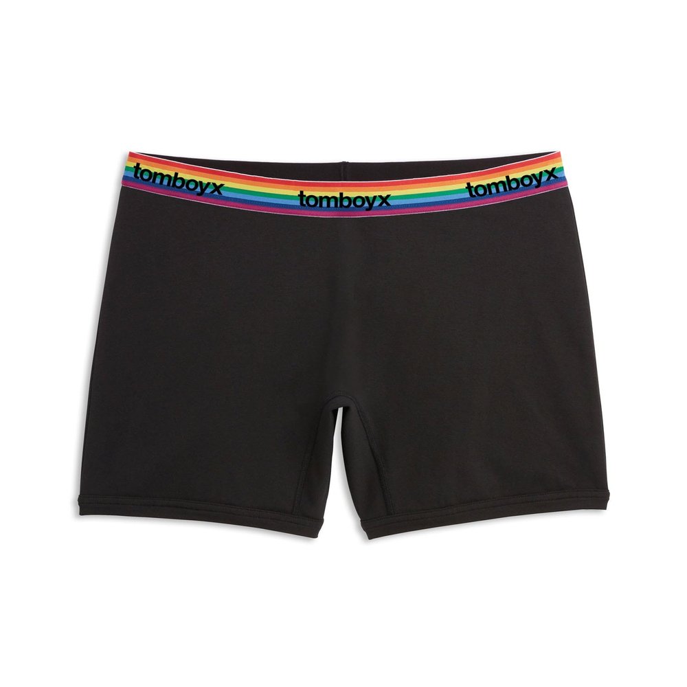 TomboyX No Fly Boxer Briefs Underwear With Flat Front for Women, 6 Inseam, Cotton Blend, Sustainable Soft Stretch Fabric, Gender Neutral Boy Shorts Panties, Size 5X, Black Rainbow Logo